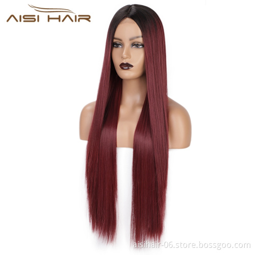 Aisi Hair Long Silky Straight Ombre Wine Synthetic Fiber Wigs For Black Women Long Middle Part Machine Made Synthetic Wigs